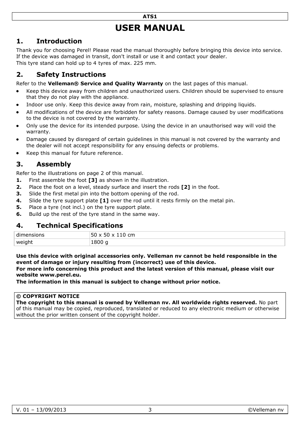 User manual, Introduction, Safety instructions | Assembly, Technical specifications | Velleman ATS1 User Manual | Page 3 / 10