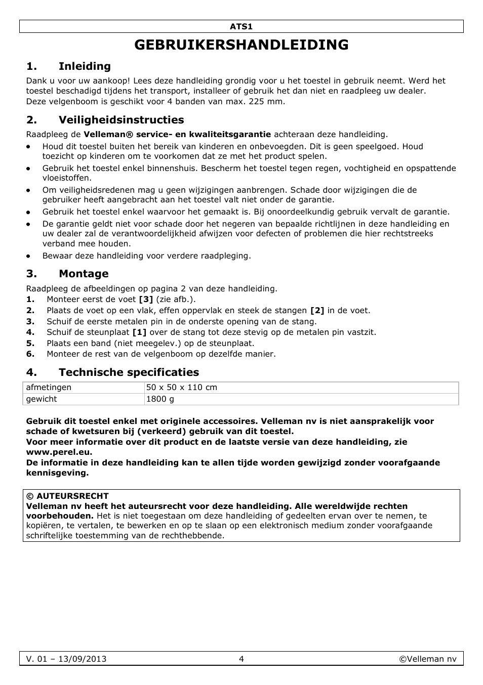 Gebruikershandleiding, Inleiding, Veiligheidsinstructies | Montage, Technische specificaties | Velleman ATS1 User Manual | Page 4 / 10