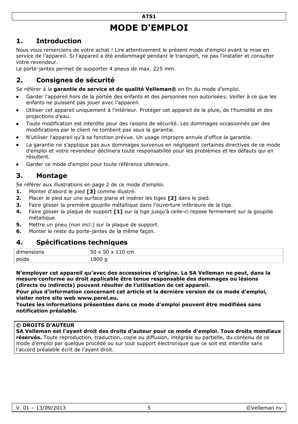 Mode d'emploi, Introduction, Consignes de sécurité | Montage, Spécifications techniques | Velleman ATS1 User Manual | Page 5 / 10