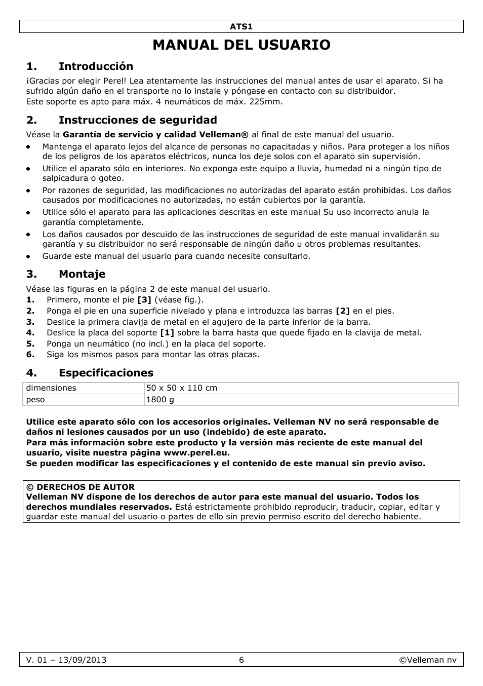 Manual del usuario, Introducción, Instrucciones de seguridad | Montaje, Especificaciones | Velleman ATS1 User Manual | Page 6 / 10