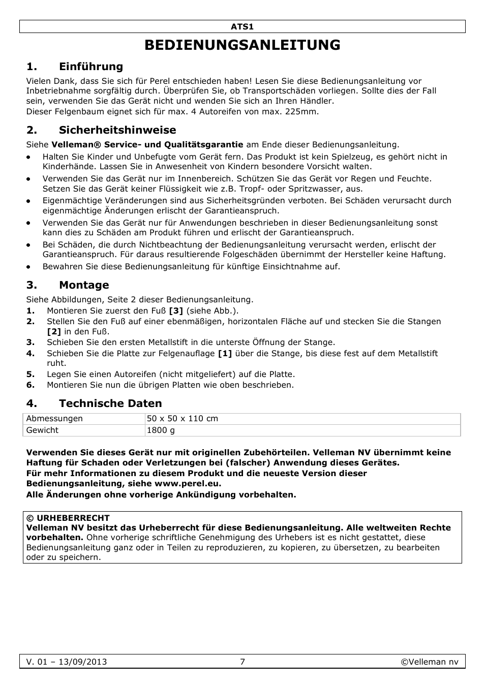 Bedienungsanleitung, Einführung, Sicherheitshinweise | Montage, Technische daten | Velleman ATS1 User Manual | Page 7 / 10