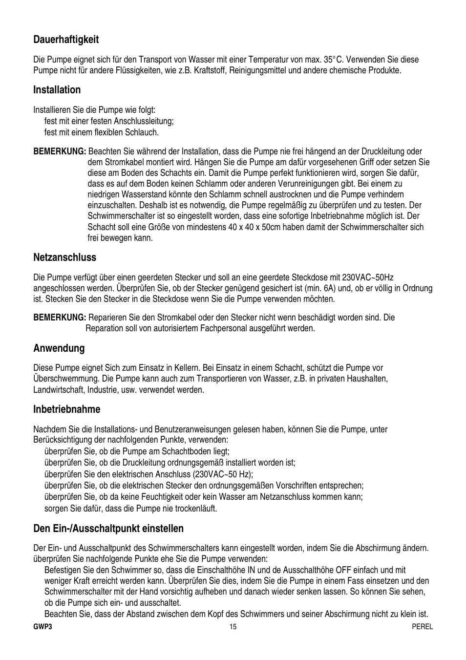 Dauerhaftigkeit, Installation, Netzanschluss | Anwendung, Inbetriebnahme, Den ein-/ausschaltpunkt einstellen | Velleman GWP3 User Manual | Page 15 / 19