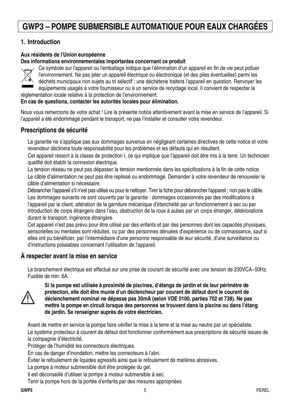 Introduction, Prescriptions de sécurité, À respecter avant la mise en service | Velleman GWP3 User Manual | Page 5 / 19