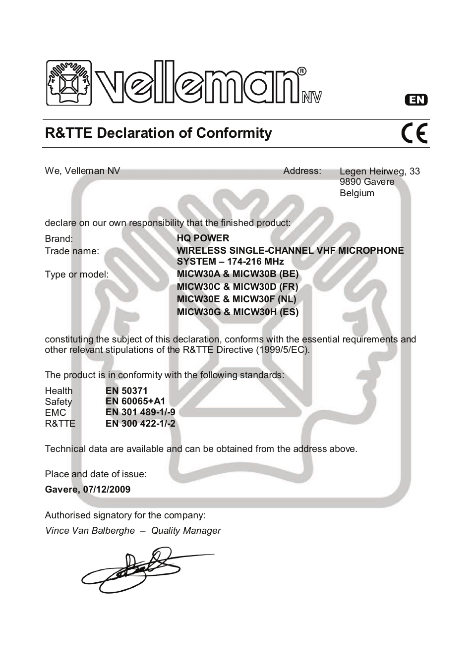 R&tte declaration of conformity | Velleman MICW30A-B-C-D-E-F-G-H User Manual | Page 23 / 29