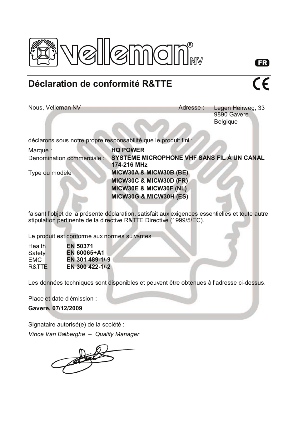 Déclaration de conformité r&tte | Velleman MICW30A-B-C-D-E-F-G-H User Manual | Page 25 / 29