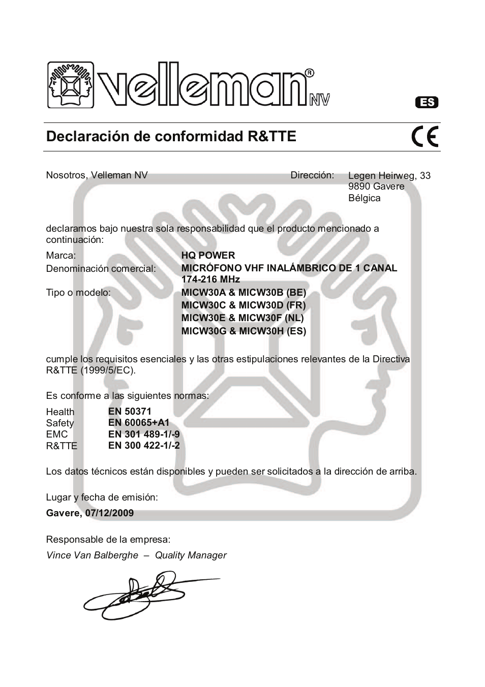 Declaración de conformidad r&tte | Velleman MICW30A-B-C-D-E-F-G-H User Manual | Page 27 / 29