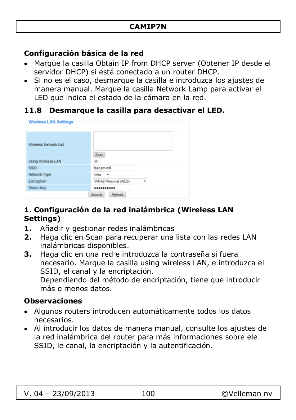 Configuración básica de la red, 8 desmarque la casilla para desactivar el led, Observaciones | Velleman CAMIP7N User Manual | Page 100 / 207