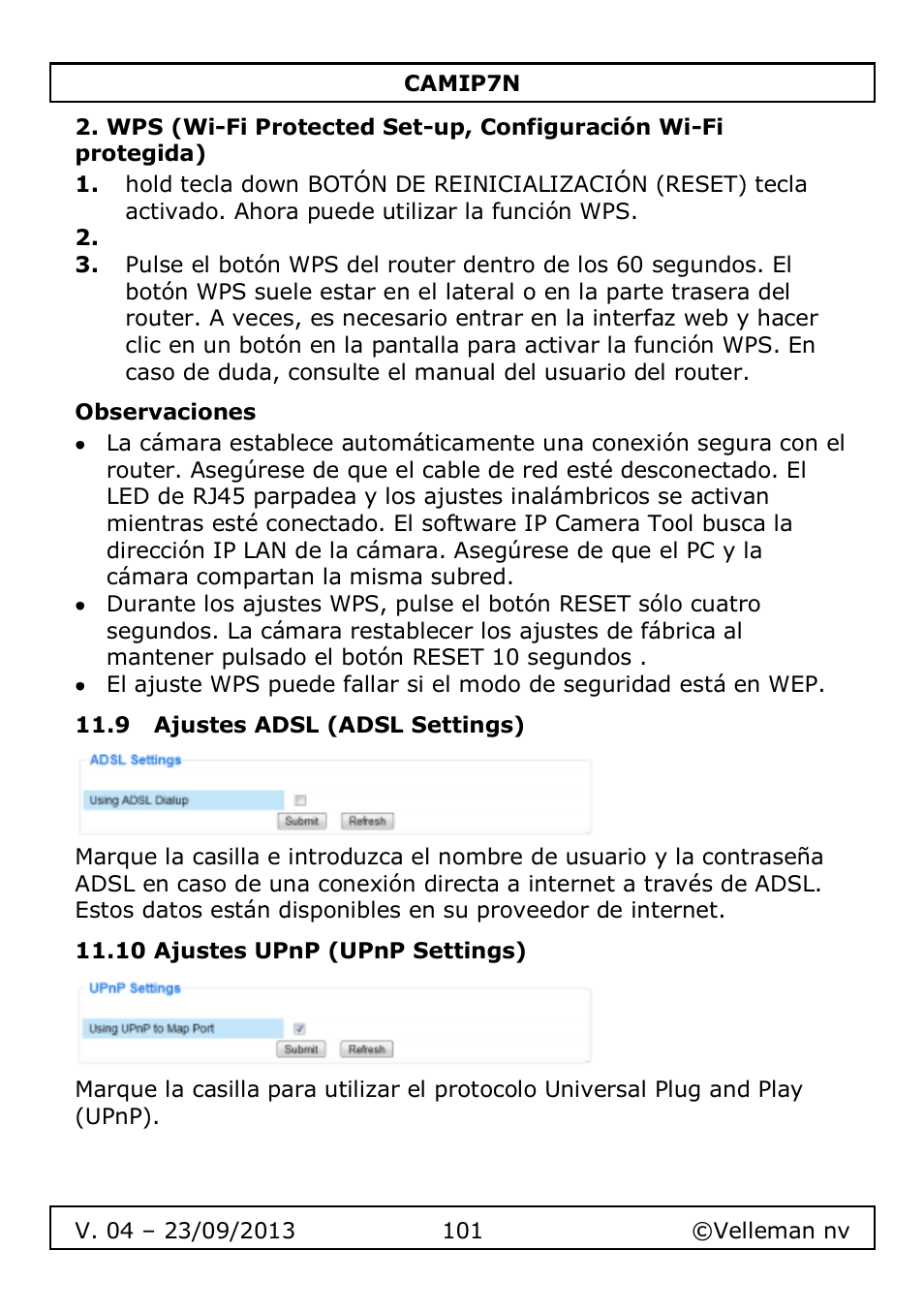 Observaciones, 9 ajustes adsl (adsl settings), 10 ajustes upnp (upnp settings) | Velleman CAMIP7N User Manual | Page 101 / 207