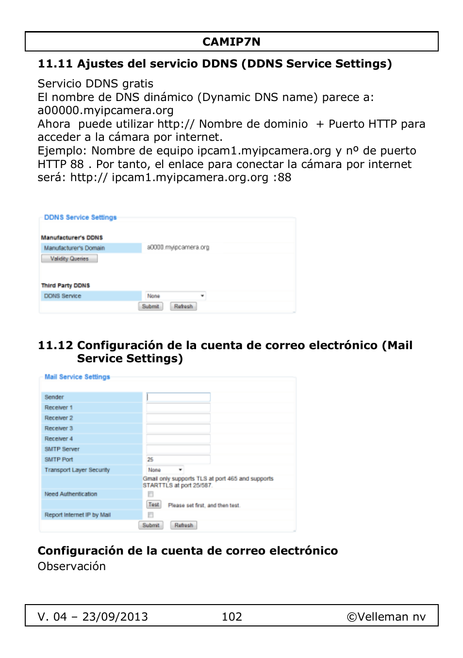 Configuración de la cuenta de correo electrónico | Velleman CAMIP7N User Manual | Page 102 / 207