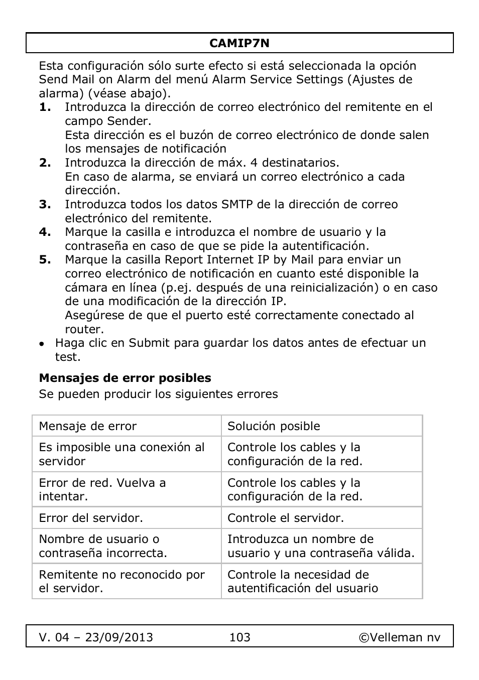 Mensajes de error posibles | Velleman CAMIP7N User Manual | Page 103 / 207