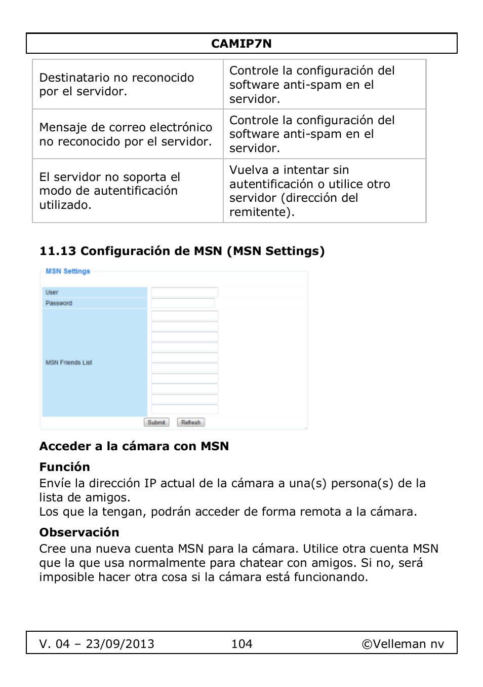 13 configuración de msn (msn settings), Acceder a la cámara con msn, Función | Observación | Velleman CAMIP7N User Manual | Page 104 / 207