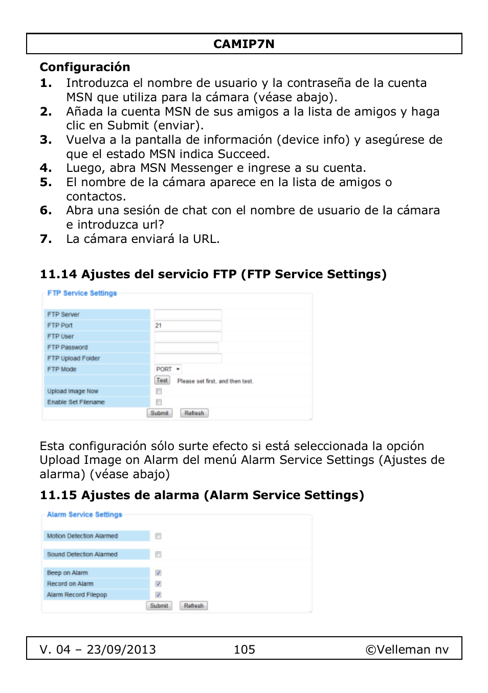 Configuración, 14 ajustes del servicio ftp (ftp service settings), 15 ajustes de alarma (alarm service settings) | Velleman CAMIP7N User Manual | Page 105 / 207