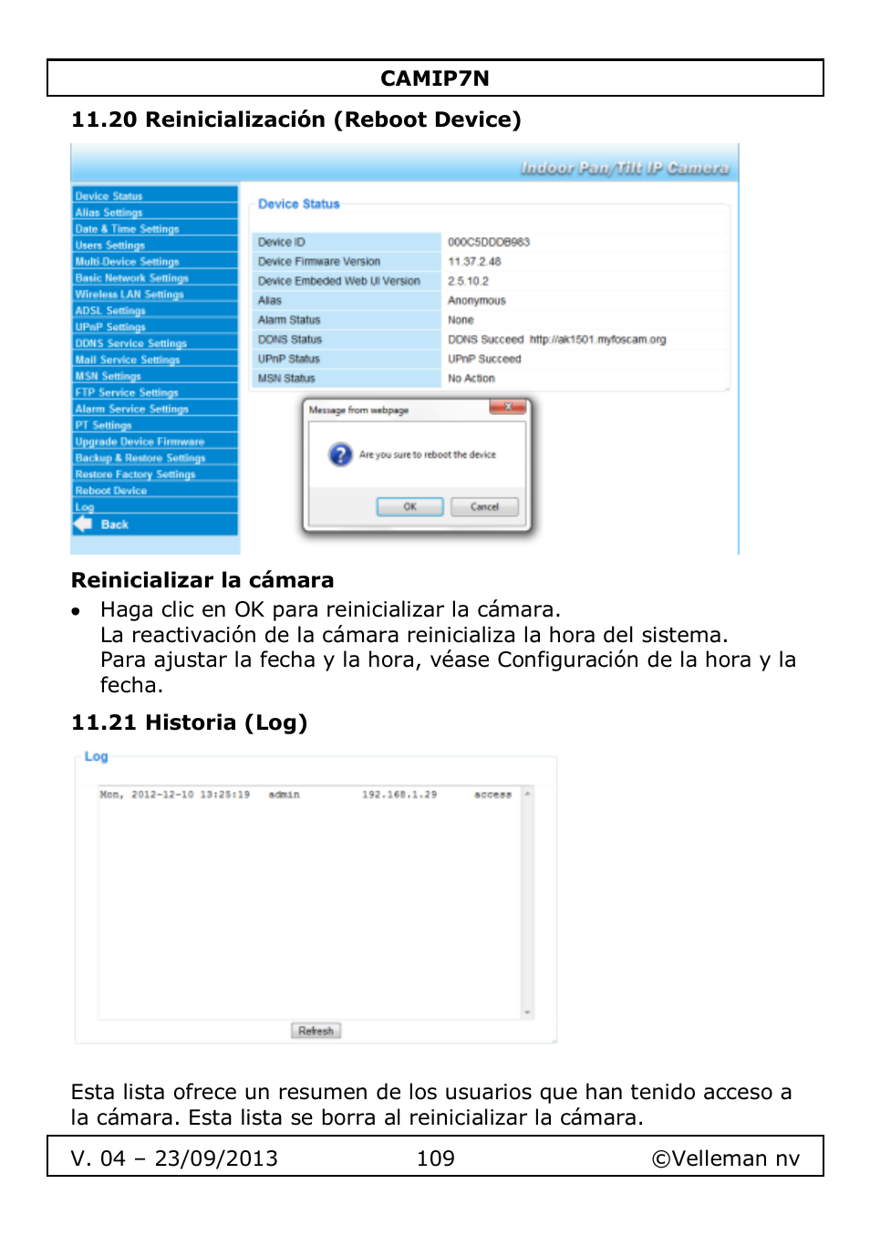 20 reinicialización (reboot device), Reinicializar la cámara, 21 historia (log) | Velleman CAMIP7N User Manual | Page 109 / 207