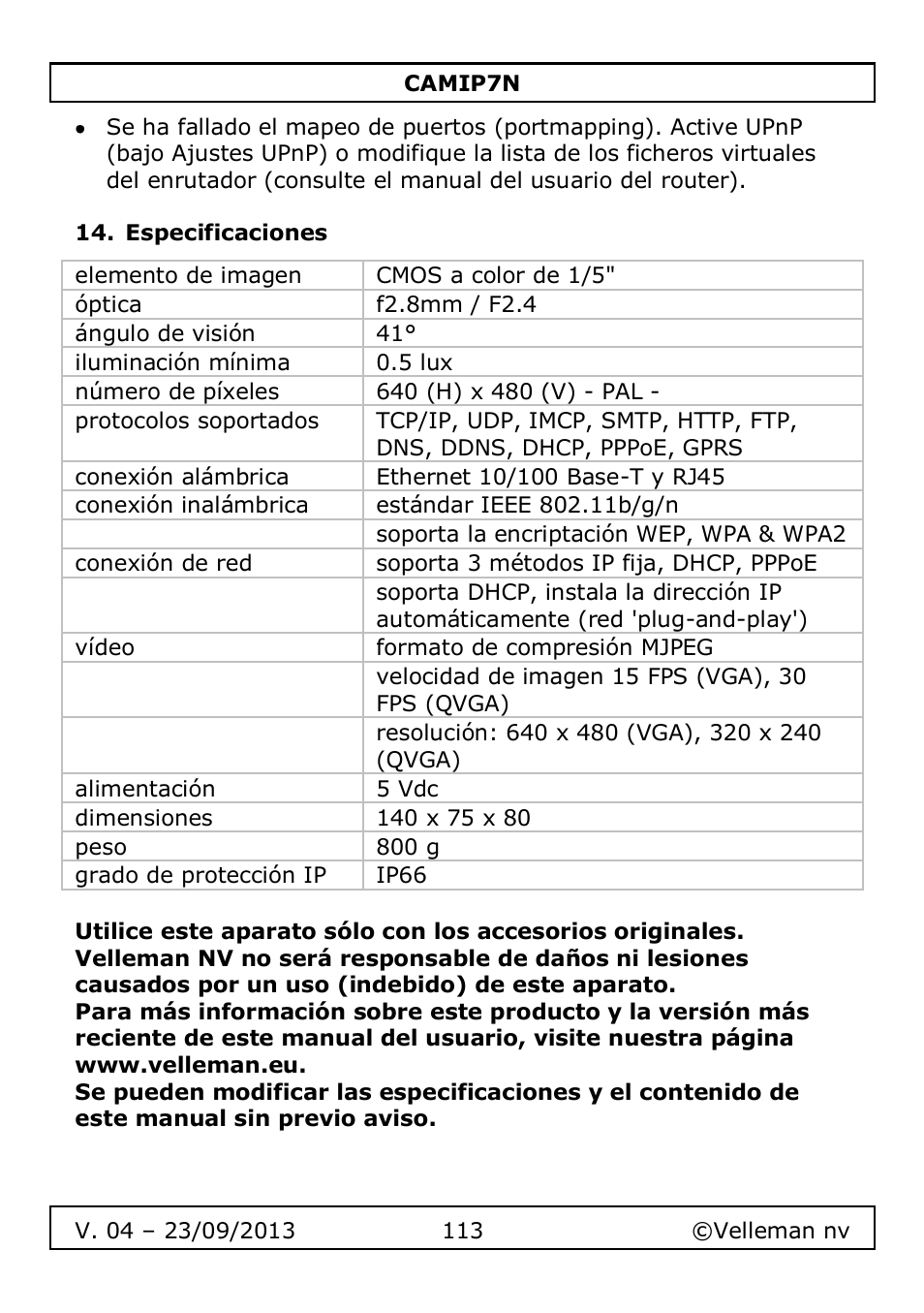 Especificaciones | Velleman CAMIP7N User Manual | Page 113 / 207