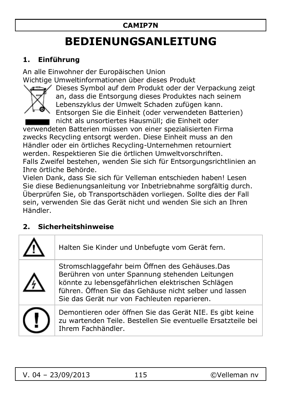 Bedienungsanleitung, Einführung, Sicherheitshinweise | Velleman CAMIP7N User Manual | Page 115 / 207