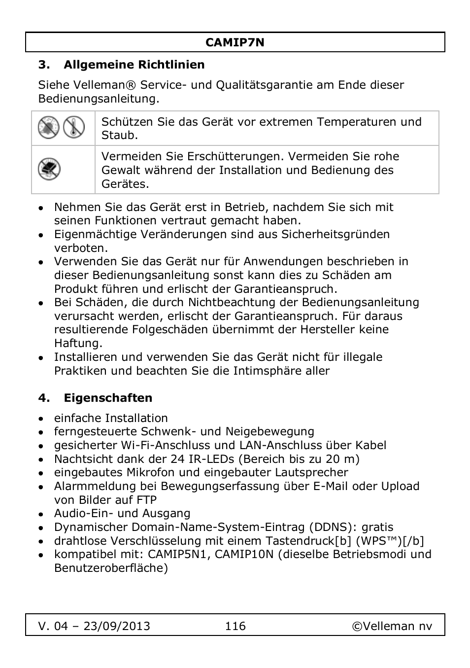 Allgemeine richtlinien, Eigenschaften | Velleman CAMIP7N User Manual | Page 116 / 207