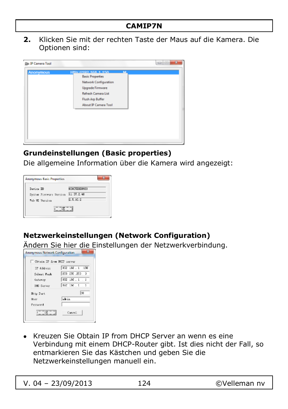 Grundeinstellungen (basic properties), Netzwerkeinstellungen (network configuration) | Velleman CAMIP7N User Manual | Page 124 / 207