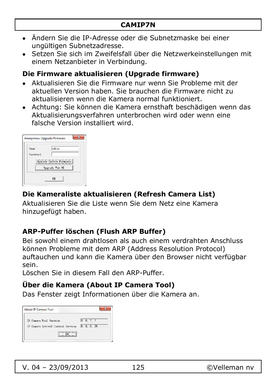 Die firmware aktualisieren (upgrade firmware), Arp-puffer löschen (flush arp buffer), Über die kamera (about ip camera tool) | Velleman CAMIP7N User Manual | Page 125 / 207