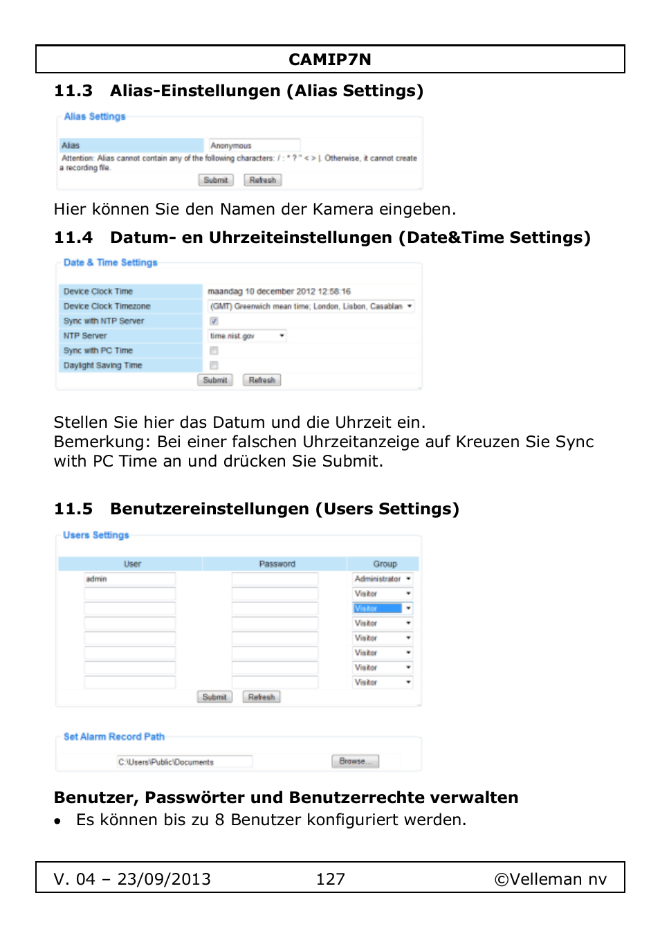 3 alias-einstellungen (alias settings), 5 benutzereinstellungen (users settings), Benutzer, passwörter und benutzerrechte verwalten | Velleman CAMIP7N User Manual | Page 127 / 207