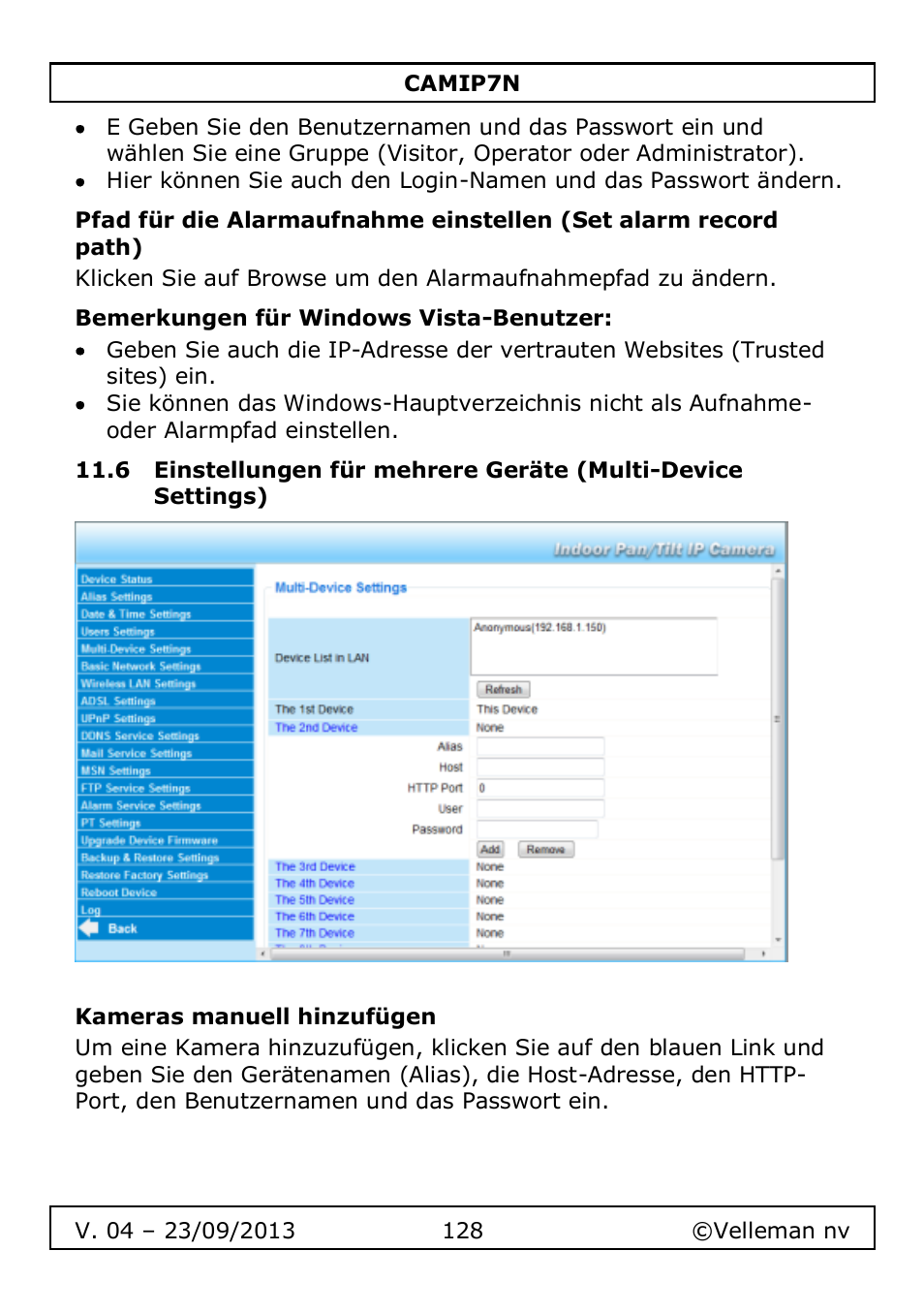 Bemerkungen für windows vista-benutzer, Kameras manuell hinzufügen | Velleman CAMIP7N User Manual | Page 128 / 207