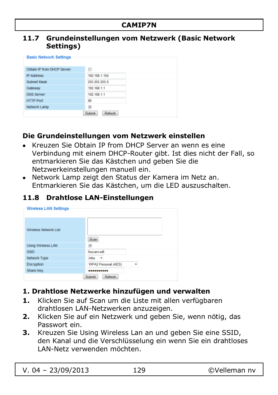 Die grundeinstellungen vom netzwerk einstellen, 8 drahtlose lan-einstellungen, Drahtlose netzwerke hinzufügen und verwalten | Velleman CAMIP7N User Manual | Page 129 / 207