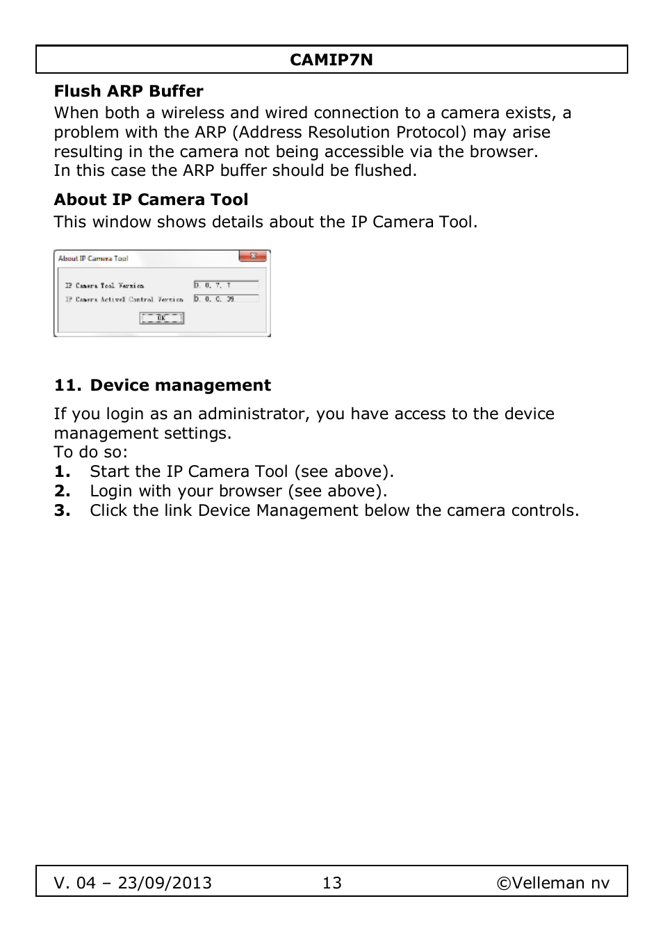 Flush arp buffer, About ip camera tool, Device management | Velleman CAMIP7N User Manual | Page 13 / 207
