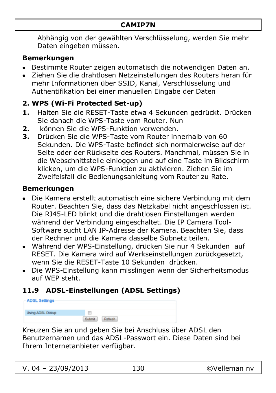 Bemerkungen, Wps (wi-fi protected set-up), 9 adsl-einstellungen (adsl settings) | Velleman CAMIP7N User Manual | Page 130 / 207