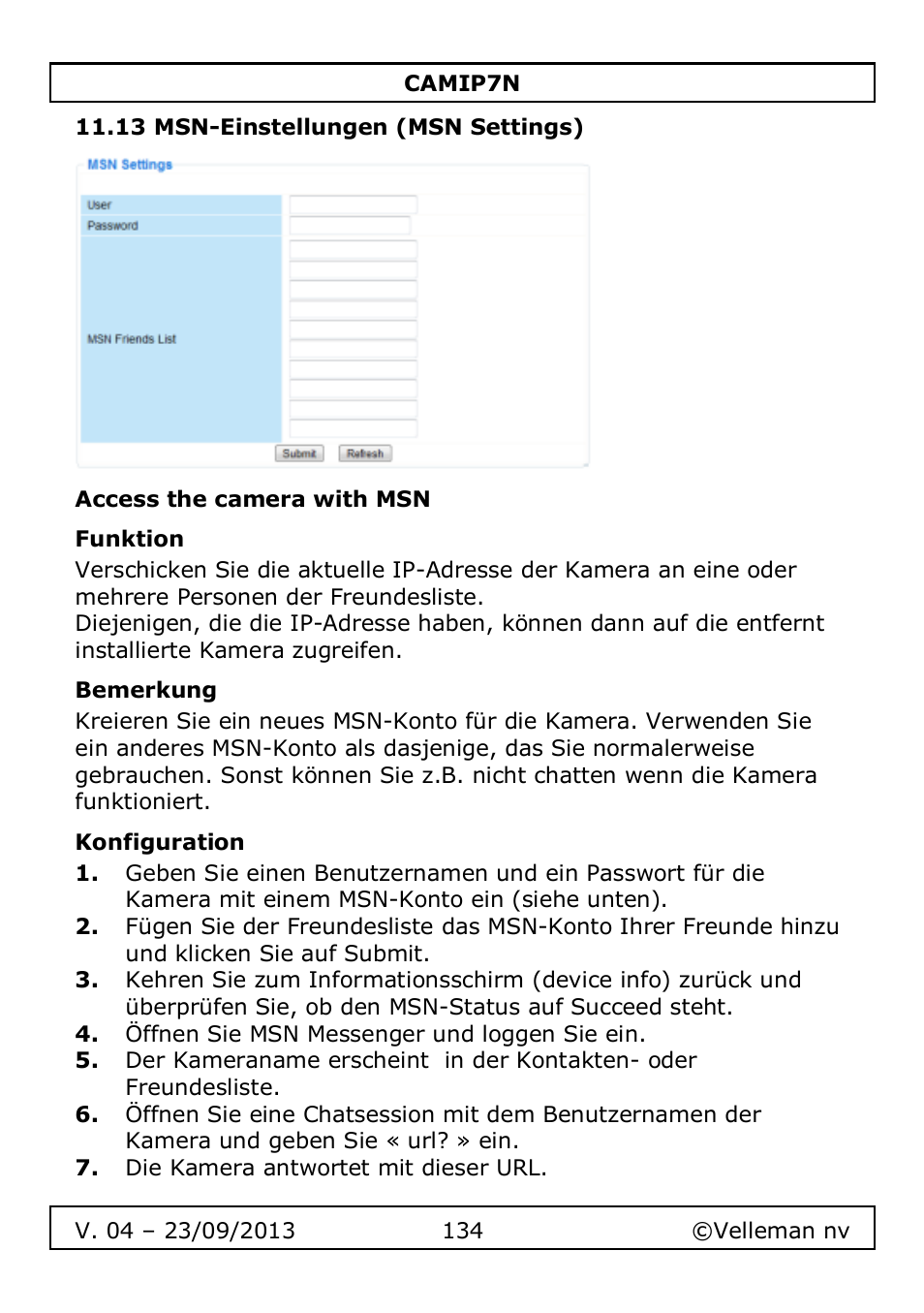 13 msn-einstellungen (msn settings), Access the camera with msn, Funktion | Bemerkung, Konfiguration | Velleman CAMIP7N User Manual | Page 134 / 207