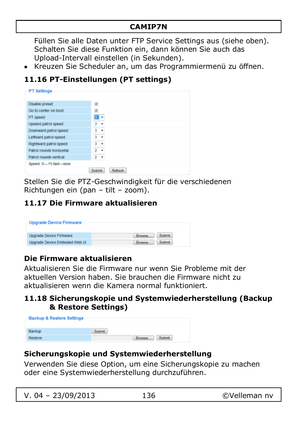 16 pt-einstellungen (pt settings), 17 die firmware aktualisieren, Die firmware aktualisieren | Sicherungskopie und systemwiederherstellung | Velleman CAMIP7N User Manual | Page 136 / 207