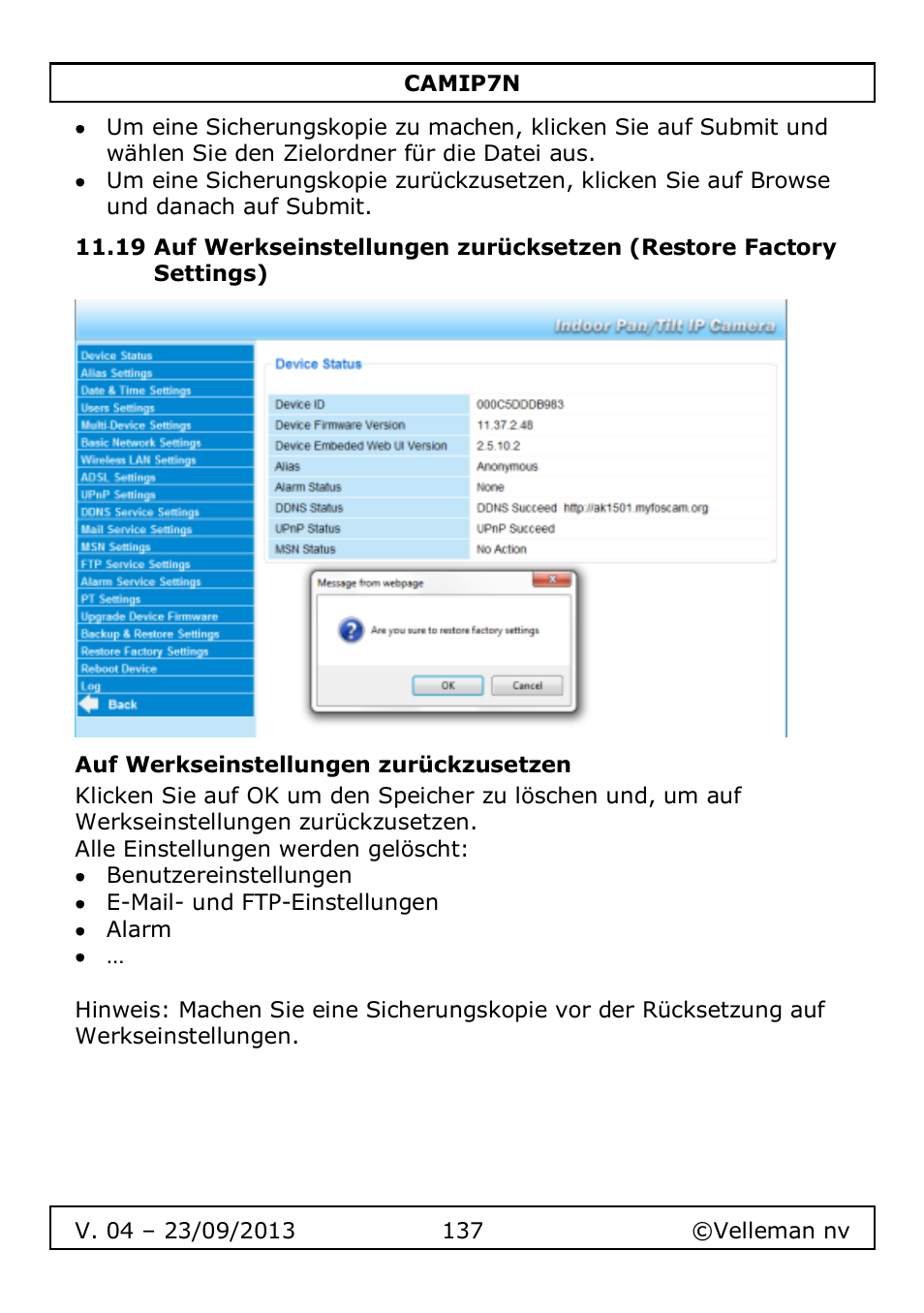 Auf werkseinstellungen zurückzusetzen | Velleman CAMIP7N User Manual | Page 137 / 207
