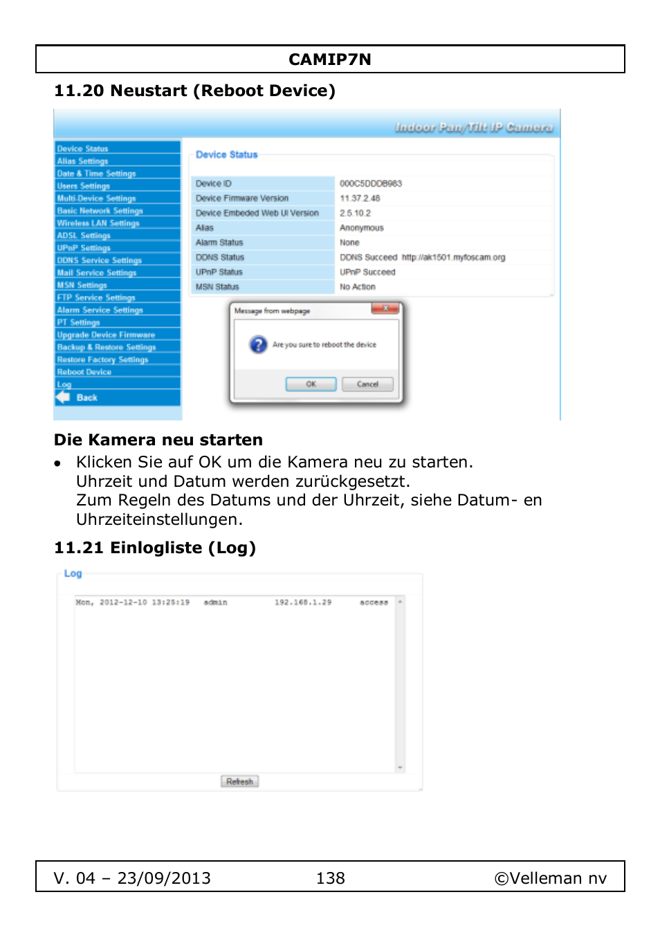 20 neustart (reboot device), Die kamera neu starten, 21 einlogliste (log) | Velleman CAMIP7N User Manual | Page 138 / 207