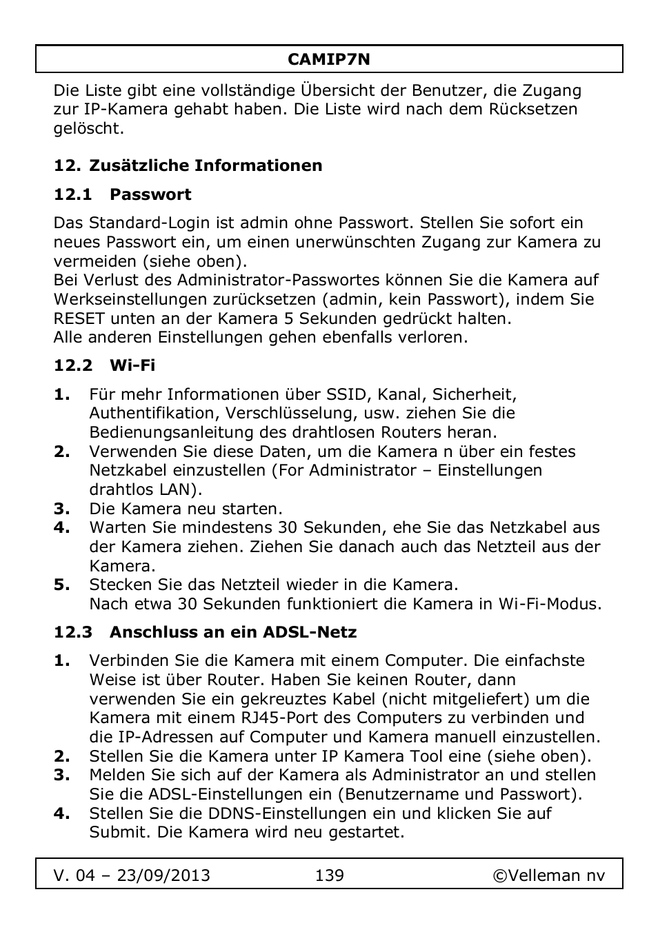 Zusätzliche informationen, 1 passwort, 2 wi-fi | 3 anschluss an ein adsl-netz | Velleman CAMIP7N User Manual | Page 139 / 207