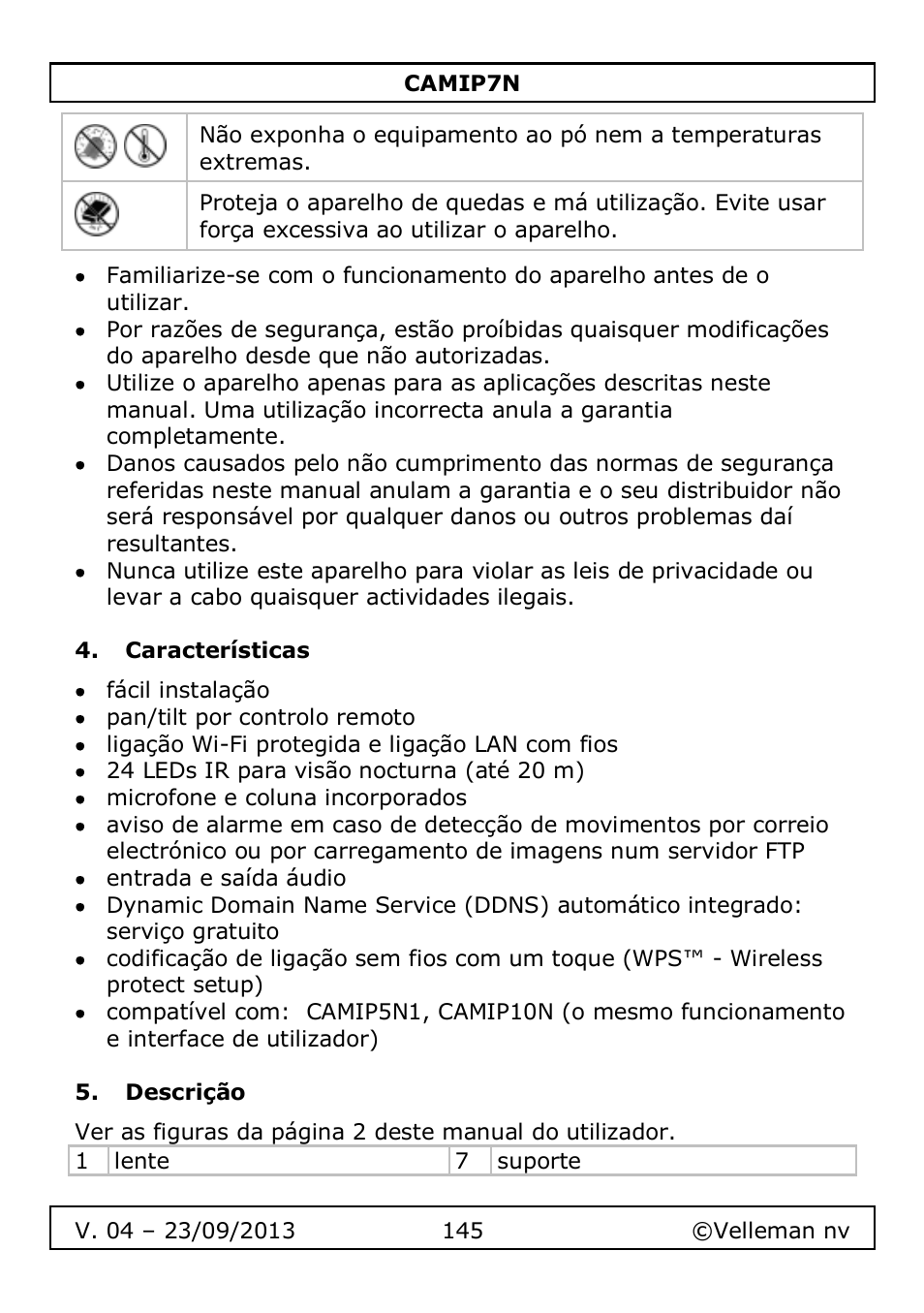 Características, Descrição | Velleman CAMIP7N User Manual | Page 145 / 207