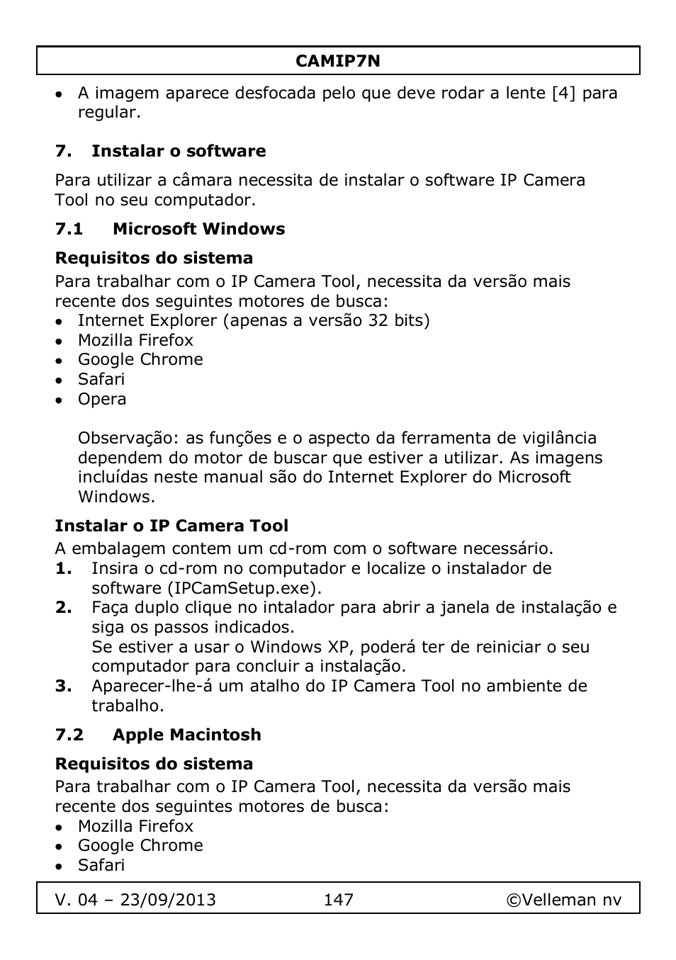 Instalar o software, 1 microsoft windows, Requisitos do sistema | Instalar o ip camera tool, 2 apple macintosh | Velleman CAMIP7N User Manual | Page 147 / 207