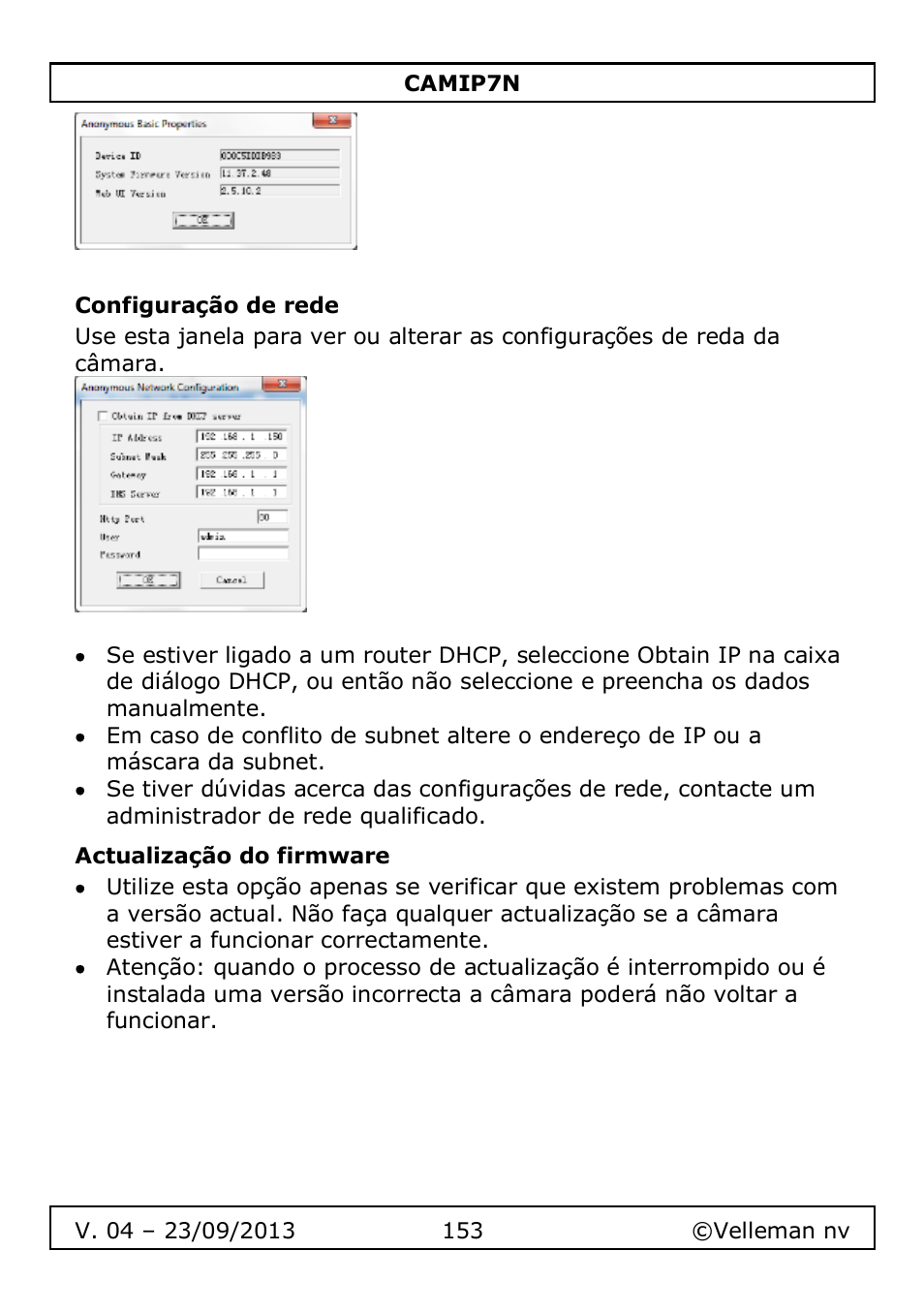 Configuração de rede, Actualização do firmware | Velleman CAMIP7N User Manual | Page 153 / 207