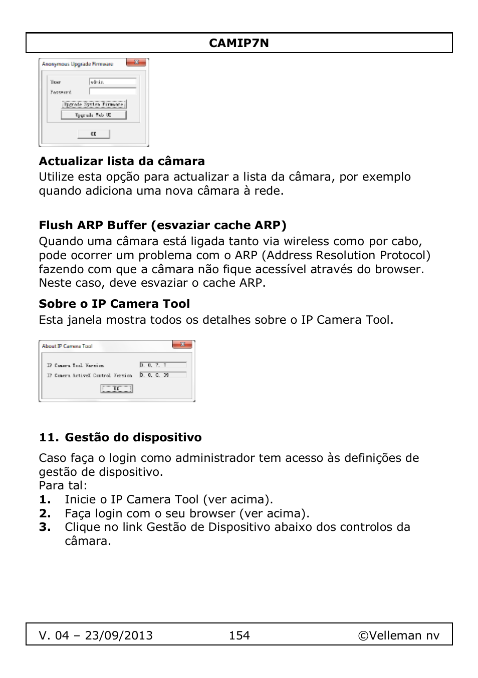 Actualizar lista da câmara, Flush arp buffer (esvaziar cache arp), Sobre o ip camera tool | Gestão do dispositivo | Velleman CAMIP7N User Manual | Page 154 / 207