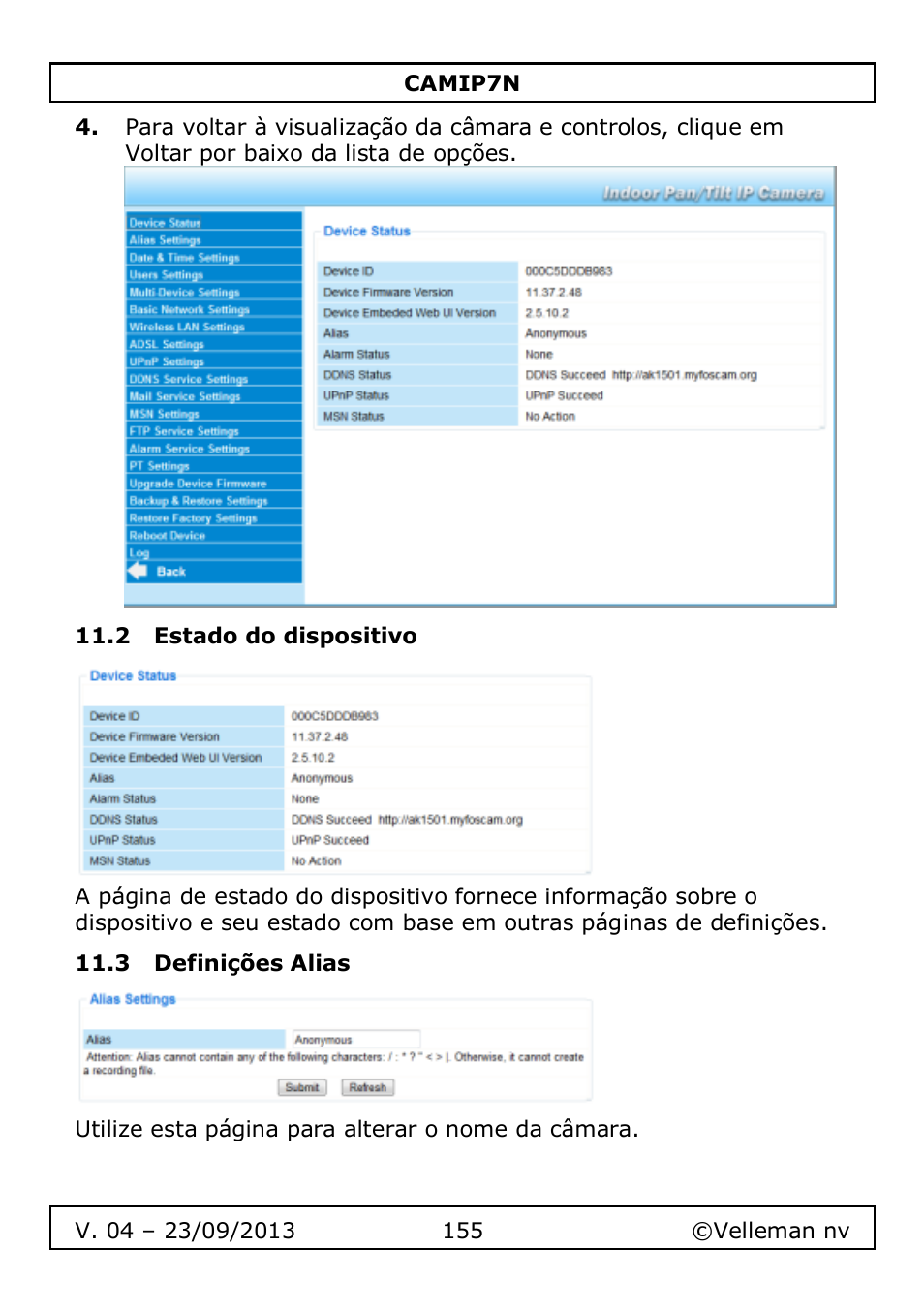 2 estado do dispositivo, 3 definições alias | Velleman CAMIP7N User Manual | Page 155 / 207