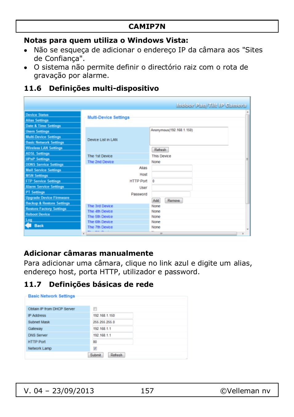 Notas para quem utiliza o windows vista, 6 definições multi-dispositivo, Adicionar câmaras manualmente | 7 definições básicas de rede | Velleman CAMIP7N User Manual | Page 157 / 207