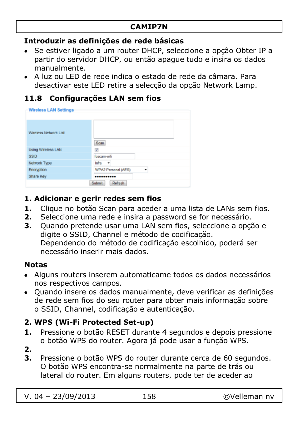 Introduzir as definições de rede básicas, 8 configurações lan sem fios, Adicionar e gerir redes sem fios | Notas, Wps (wi-fi protected set-up) | Velleman CAMIP7N User Manual | Page 158 / 207