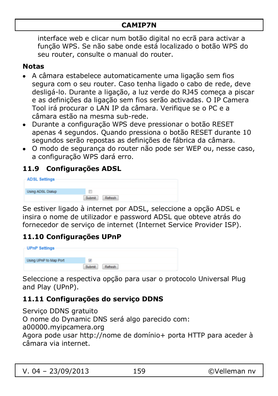 Notas, 9 configurações adsl, 10 configurações upnp | 11 configurações do serviço ddns | Velleman CAMIP7N User Manual | Page 159 / 207