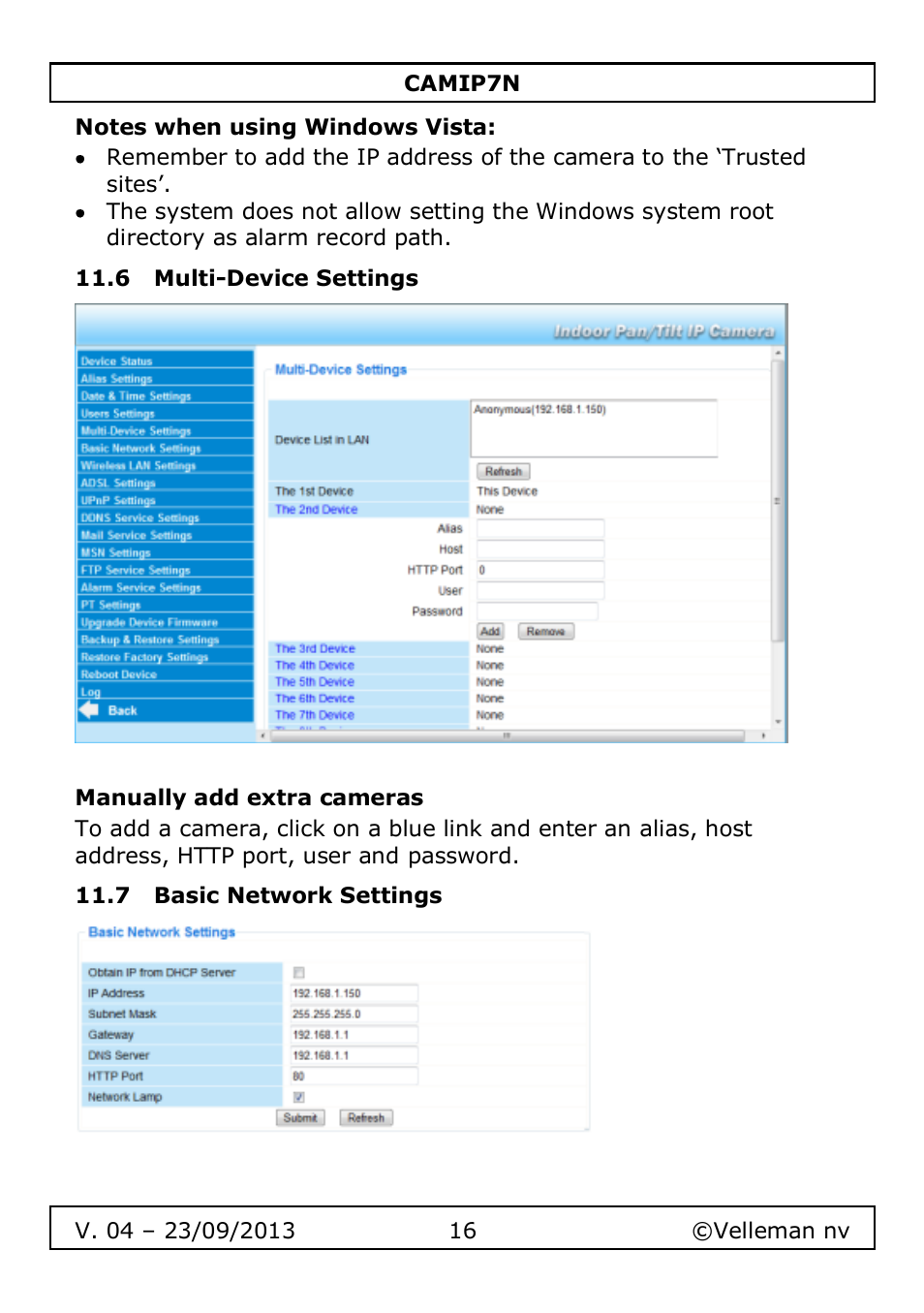Notes when using windows vista, 6 multi-device settings, Manually add extra cameras | 7 basic network settings | Velleman CAMIP7N User Manual | Page 16 / 207