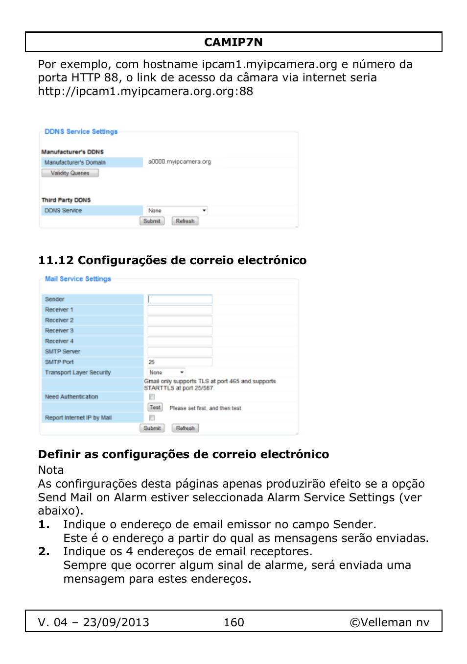 12 configurações de correio electrónico, Definir as configurações de correio electrónico | Velleman CAMIP7N User Manual | Page 160 / 207