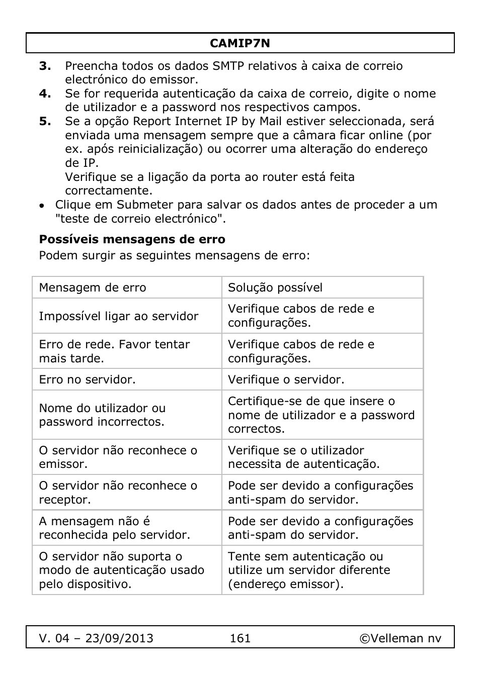 Possíveis mensagens de erro | Velleman CAMIP7N User Manual | Page 161 / 207