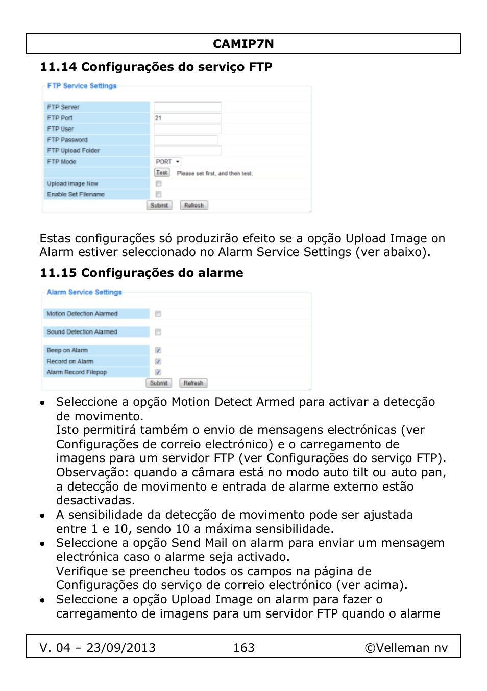 14 configurações do serviço ftp, 15 configurações do alarme | Velleman CAMIP7N User Manual | Page 163 / 207