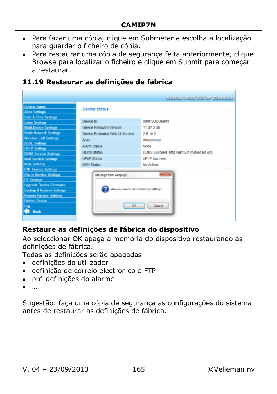 19 restaurar as definições de fábrica, Restaure as definições de fábrica do dispositivo | Velleman CAMIP7N User Manual | Page 165 / 207