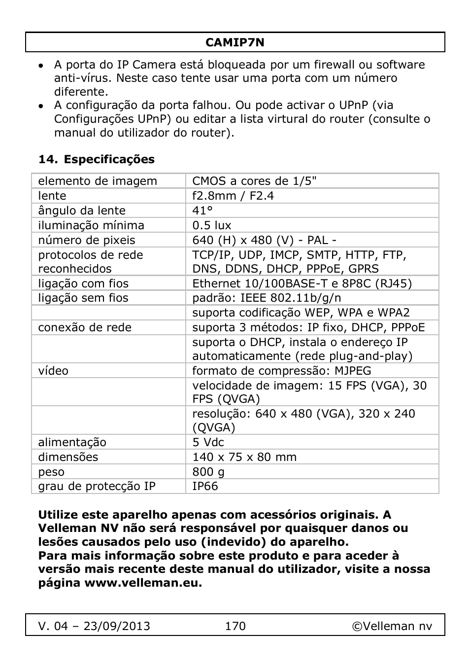 Especificações | Velleman CAMIP7N User Manual | Page 170 / 207