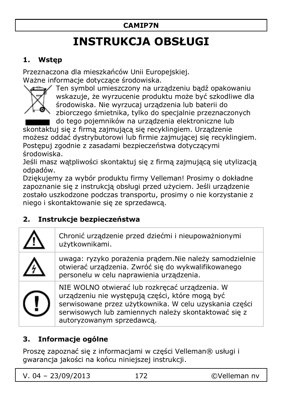 Instrukcja obsługi, Wstęp, Instrukcje bezpieczeństwa | Informacje ogólne | Velleman CAMIP7N User Manual | Page 172 / 207