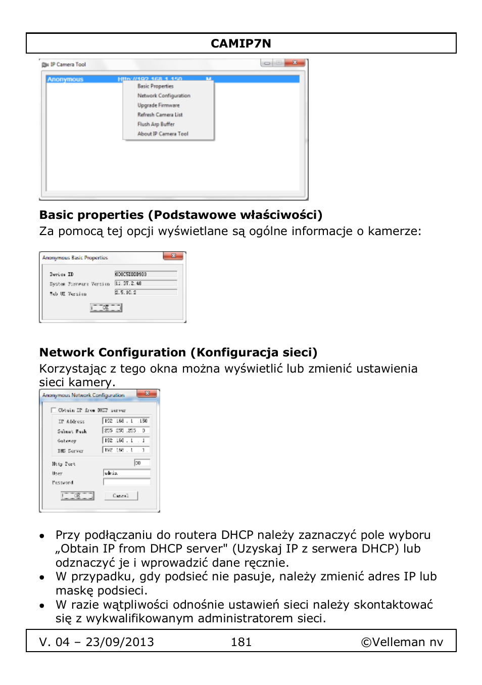 Basic properties (podstawowe właściwości), Network configuration (konfiguracja sieci) | Velleman CAMIP7N User Manual | Page 181 / 207