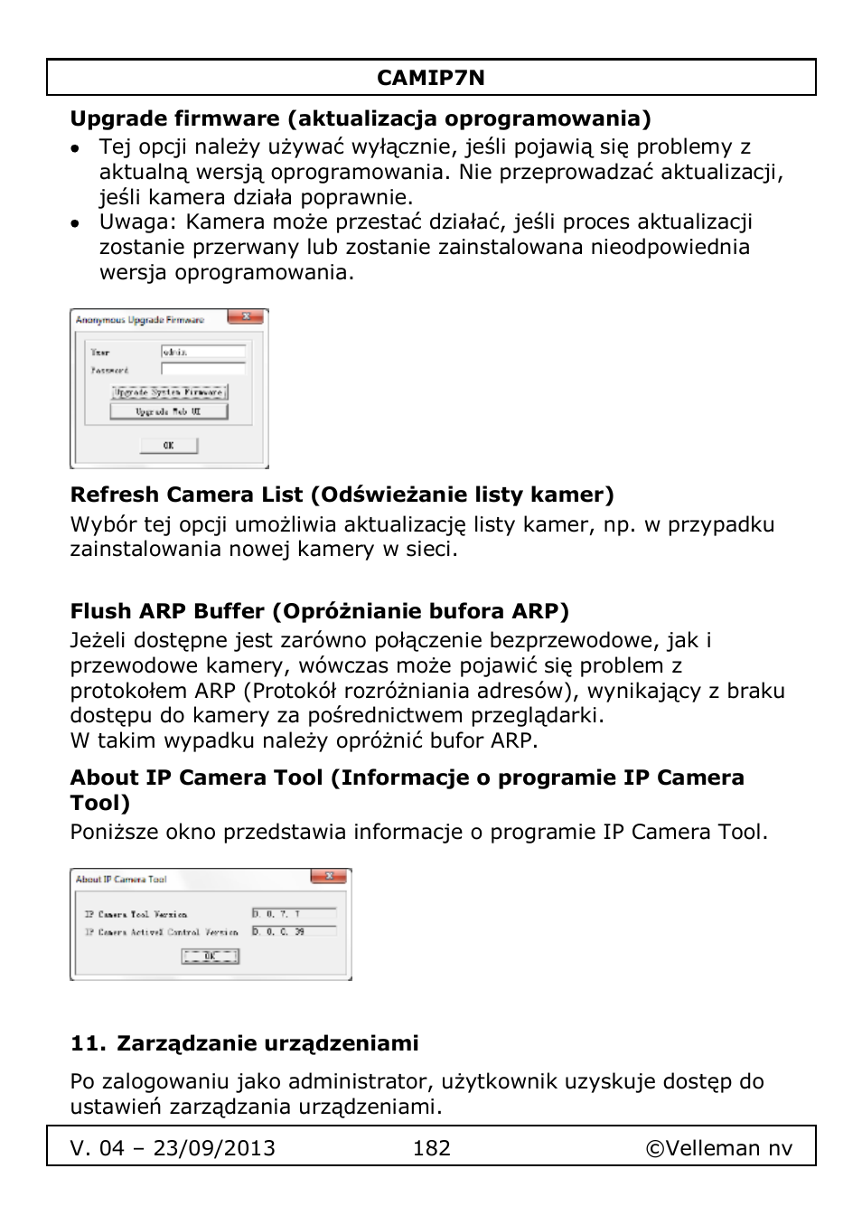 Upgrade firmware (aktualizacja oprogramowania), Refresh camera list (odświeżanie listy kamer), Flush arp buffer (opróżnianie bufora arp) | Zarządzanie urządzeniami | Velleman CAMIP7N User Manual | Page 182 / 207