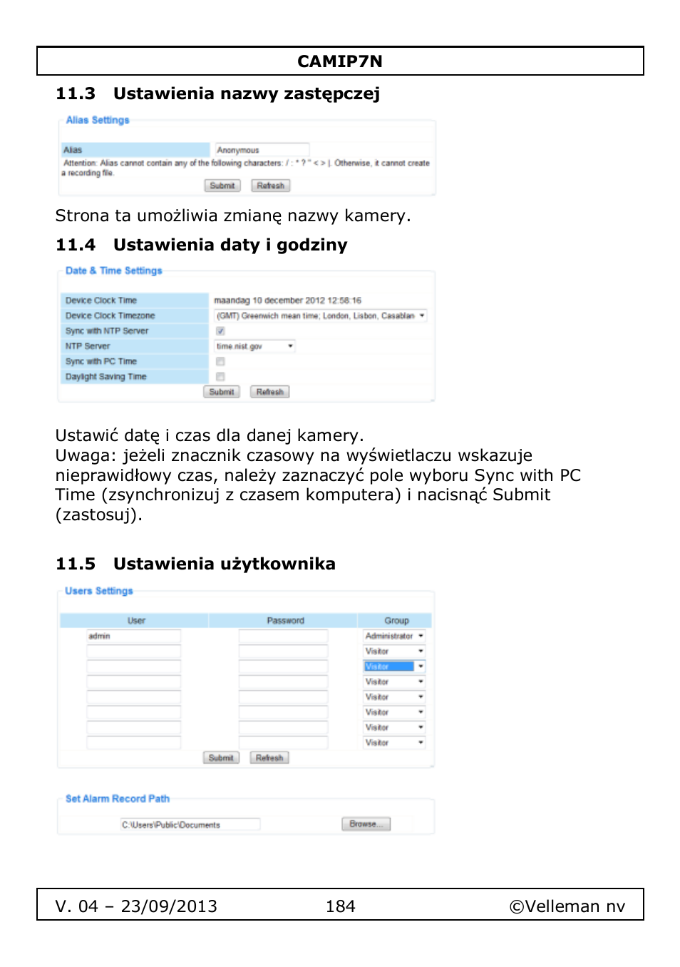 3 ustawienia nazwy zastępczej, 4 ustawienia daty i godziny, 5 ustawienia użytkownika | Velleman CAMIP7N User Manual | Page 184 / 207